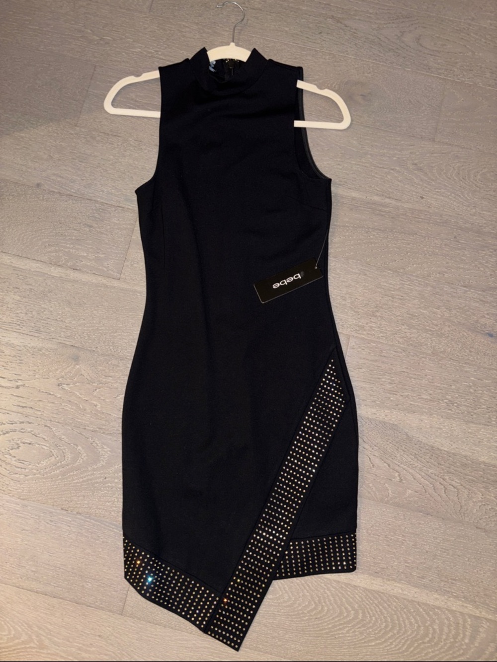 bebe Black Sleeveless Mock Neck Stud-Trim Bodycon Mini Dress